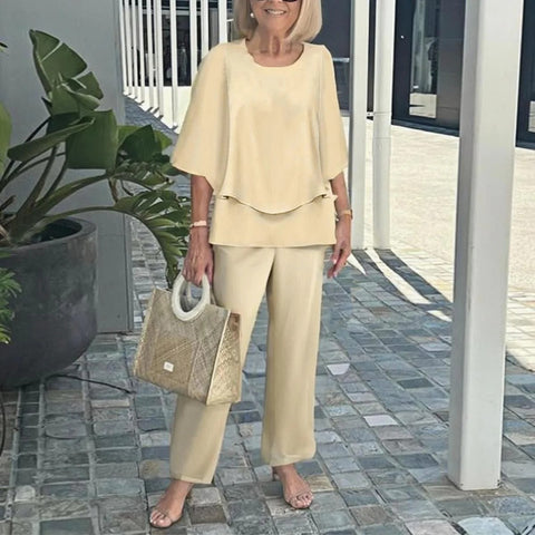 Casual round neck medium sleeve top printed flower pants set two-piece set m301465