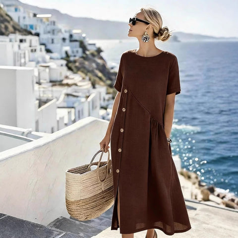 Casual button-down pocket mid-length dress m302438