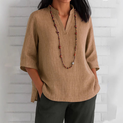 Women's V-neck seven-quarter-sleeved cotton and linen loose casual shirt m302068