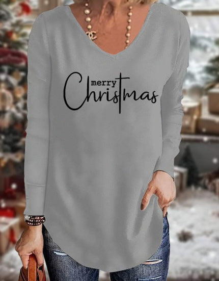 Loose 3D V-neck long-sleeved T-shirt women's Christmas printed bottoming shirt m302098