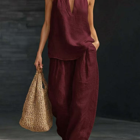Sleeveless loose shoulder suit women's summer casual wide-leg pants two-piece set m302658