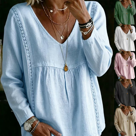 Lace V-neck pullover solid color women's casual long-sleeved top shirt m302992