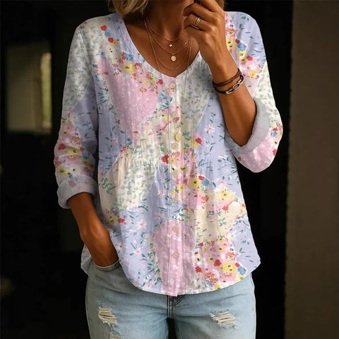 Crew Neck Women's Floral 3D Printed Women's Henley Shirt m302611