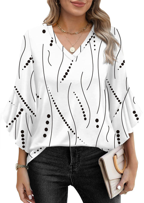 Solid color knitted printed V-neck ruffle edge seven-quarter sleeve loose top m301522