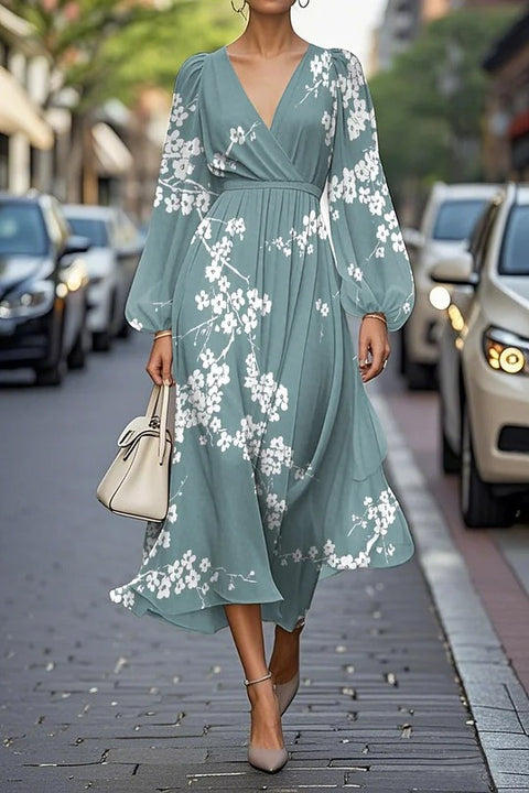 Floral series pattern 3D printing series casual women's V long dress m302129