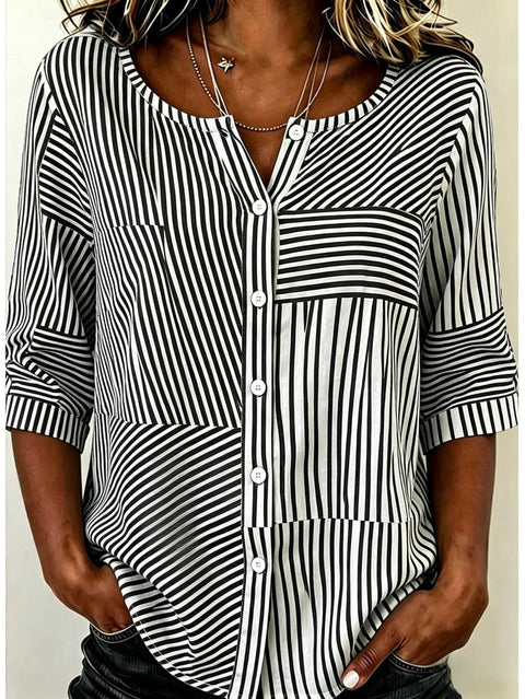 Women's Top Printed Casual Short Sleeve Collarless Shirt m303047