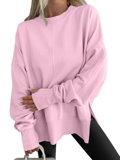 Loose sweater side split splicing round neck bat sleeve fleece top m302100