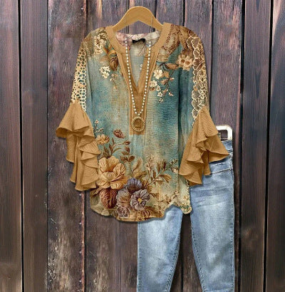 Creative floral element printing digital printing casual trend V-neck lotus edge T-shirt women's top m301778