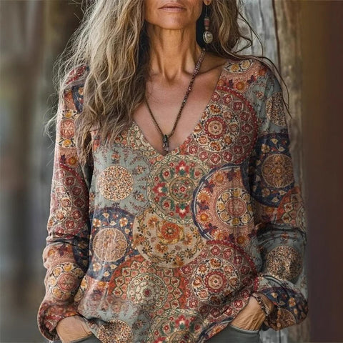 casual V-neck long-sleeved pullover loose digital printing women's top T-shirt m301736