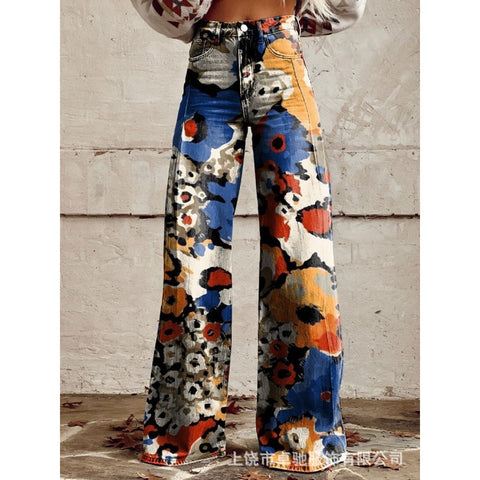 3D heat transfer flared pants simulation denim trousers loose pants m301550