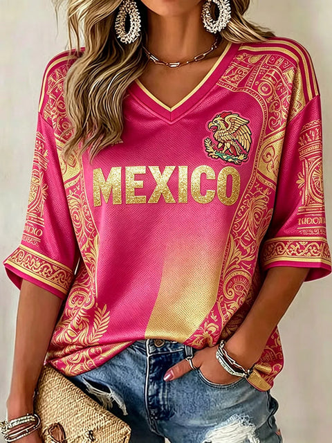 Down shoulder V-neck seven-quarter sleeve 3D printed women's top T-shirt m302844