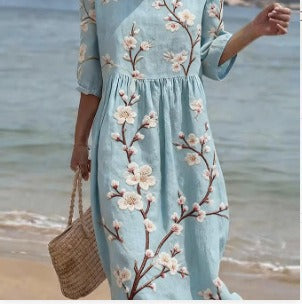 Women's medium and long sleeves side bag crew neck dress seaside vacation loose dress m302606