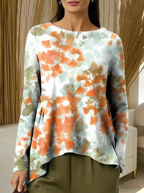 Women's Crew Neck Digital Print Long Sleeve Shrink Fold T-Shirt m302465