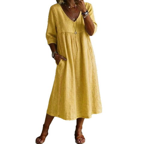 Loose v-neck splicing lace edge solid color medium sleeve dress m302991