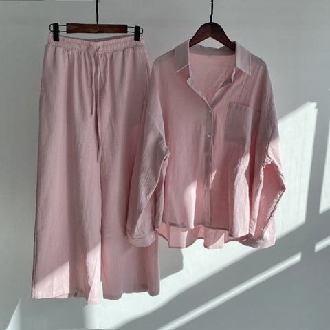 Cotton and linen shirt set high waist loose trousers m301983