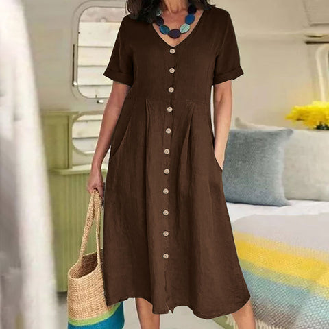 New solid color loose high waist cotton and linen dress m301192