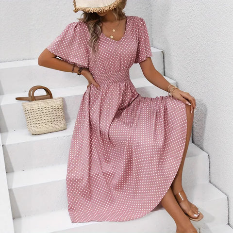 Hot Sale V-Neck Polka Dot Pullover Casual Dress m302656