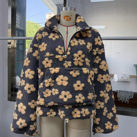 New fashion imitation lamb wool print loose zipper sweater long sleeve top m302113