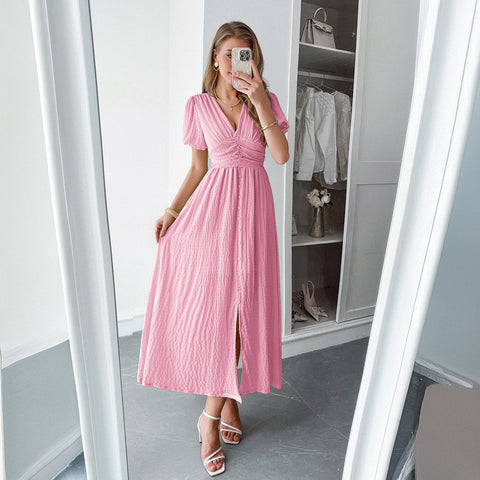 Holiday style deep V short sleeve long dress dress m301395