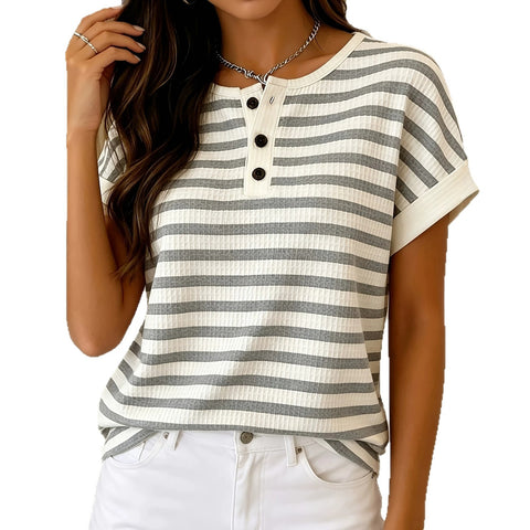 Waffle striped print design crew neck button-up placket casual top m303050