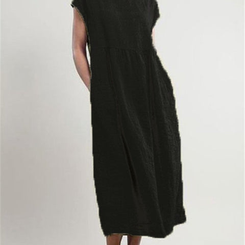 Solid color sleeveless loose cotton and linen pocket dress m301608