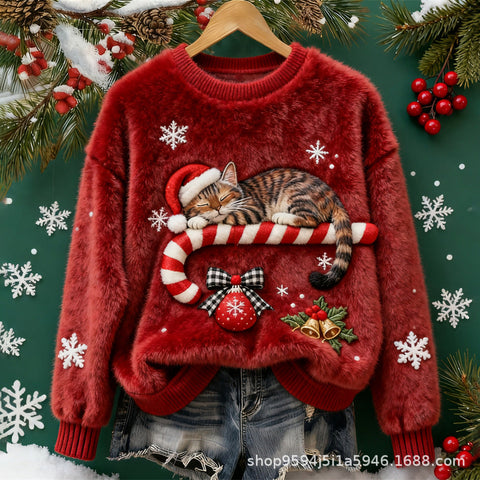 Digital printed flannel christmas ladies crew neck sweater autumn and winter m302198