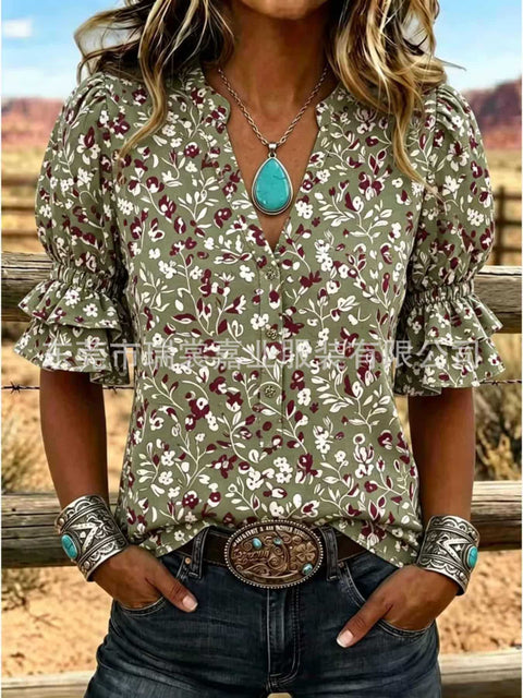 V-neck three-button top digital print horn-sleeved shirt FF303334