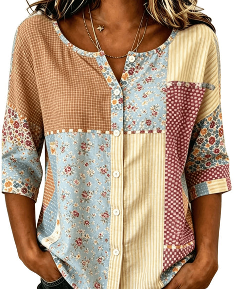 Cotton and linen shirt round neck seven-quarter sleeve single-breasted casual top m303032