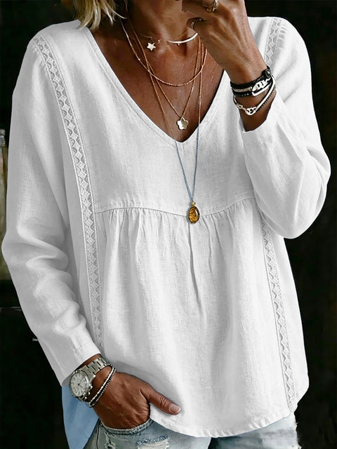 Lace V-neck pullover solid color women's casual long-sleeved top shirt m302992