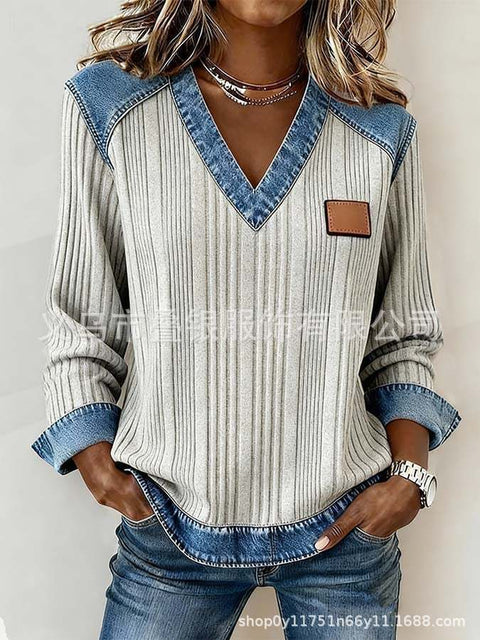 Striped plus imitation denim print full print V-neck casual comfortable fashion sweater FF303262 01