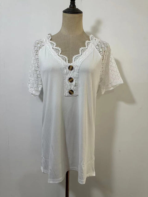 Comfort and Casual Lace Short Sleeve Stitching V-neck Pullover M300159
