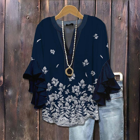 Creative floral element printing digital printing casual trend V-neck lotus edge T-shirt women's m301769