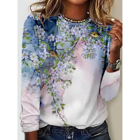 Long Sleeve T-Shirt Women's Solid Color Flower m300934