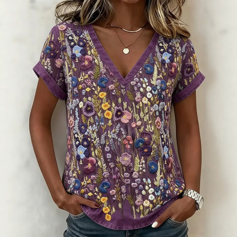 Creative floral elements 3D digital printing V-neck women's T-shirt m303028