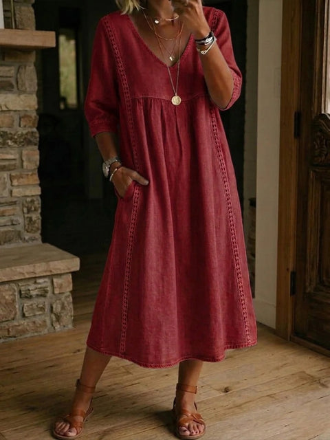 Loose v-neck splicing lace edge solid color medium sleeve dress m302991