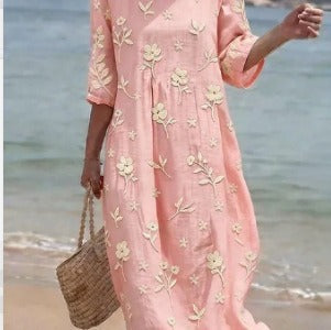 Women's medium and long sleeves side bag crew neck dress seaside vacation loose dress m302606