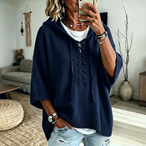 Strap-on hooded 7-point sleeve knitted sweater lazy loose pullover sweater m303004