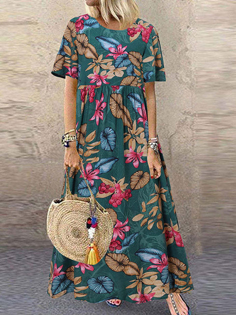 Long dress Amazon round neck casual women's retro floral print loose short sleeve m301972
