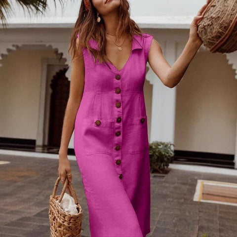 European and American V-neck single-breasted button-down dress, pocket design m301587