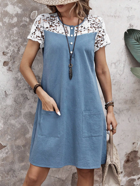 Spring and summer new women's clothing casual loose contrasting color lace splicing pocket dress m301448