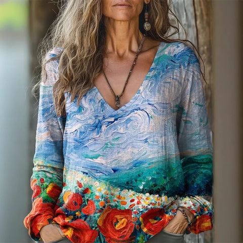 Casual V-neck long-sleeved pullover loose digital printing women's top T-shirt m301741