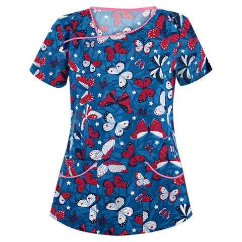 Printed V-neck short-sleeved pocket T-shirt women's top m301596
