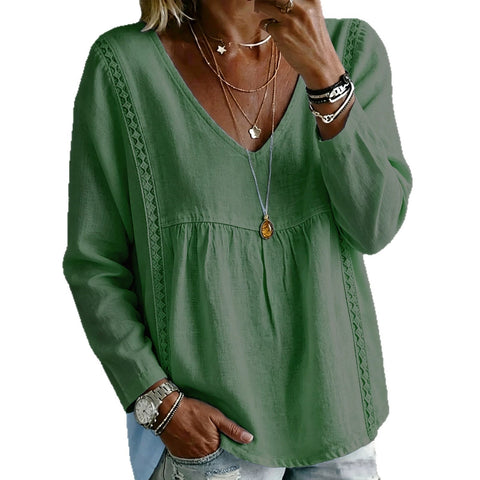 Lace V-neck pullover solid color women's casual long-sleeved top shirt m302992
