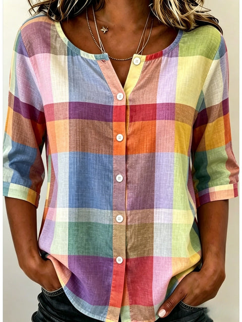Women's Top Printed Casual Short Sleeve Collarless Shirt m303047