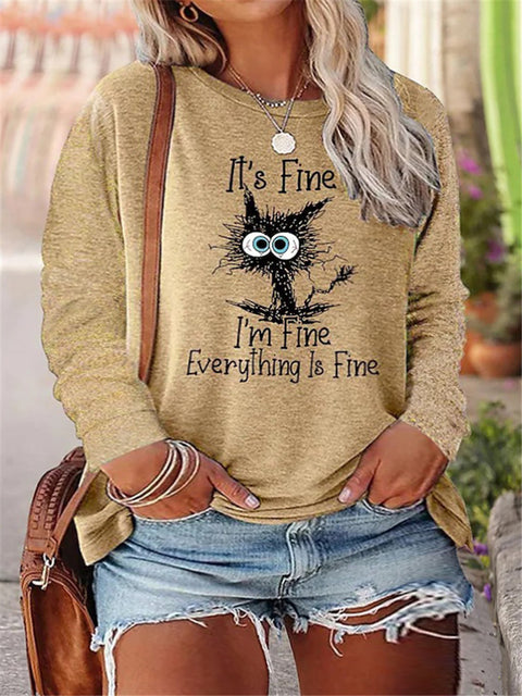 Black Cat Cartoon Printed Women's Crew Neck Long Sleeve T-Shirt M800016