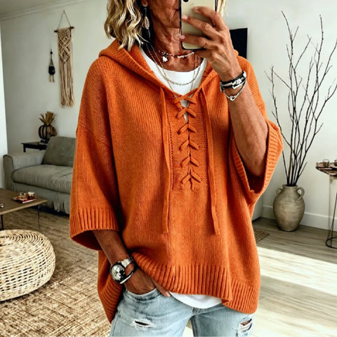 Strap-on hooded 7-point sleeve knitted sweater lazy loose pullover sweater m303004