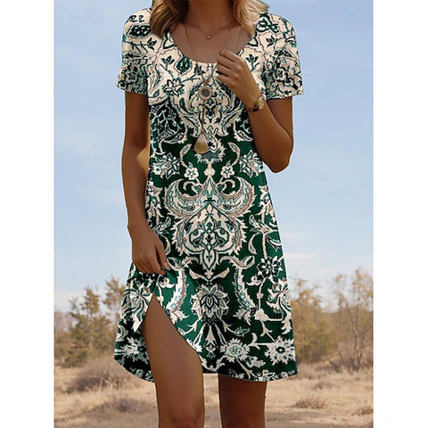 Versatile polka dot flower short-sleeved round neck medium and long skirt m302614