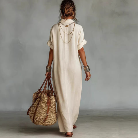 Loose ladies embroidery pocket casual lapel cotton and linen jumpsuit m302716