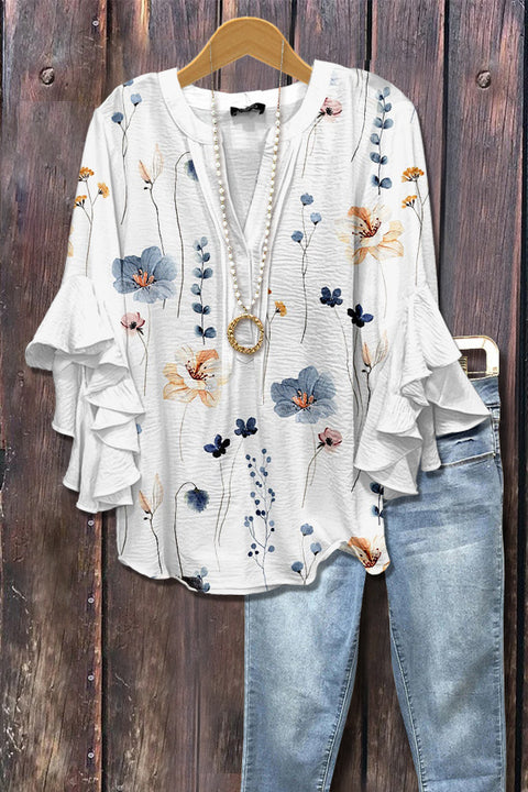 Digital printing casual trend V-neck lotus edge T-shirt women's m302725-2