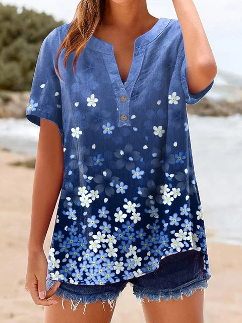 Printed V-neck pullover short-sleeved T-shirt m303021